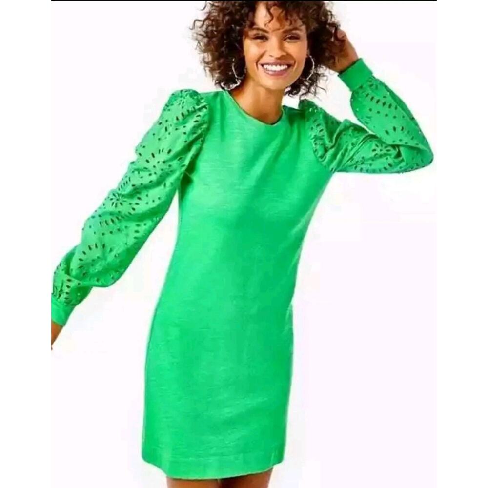 Lilly Pulitzer Jasona Eyelet Dress Lace Long Sleeve Kelly Green Size Small